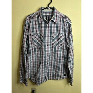 Fyasko Mens XL Plaid Button Down Shirt Long Sleeve Cotton Blue Red Grey